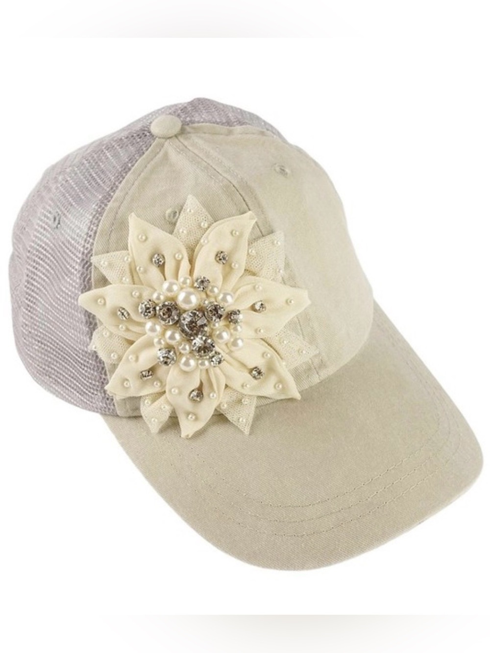 Embellished Flower Baseball Cap - Cream